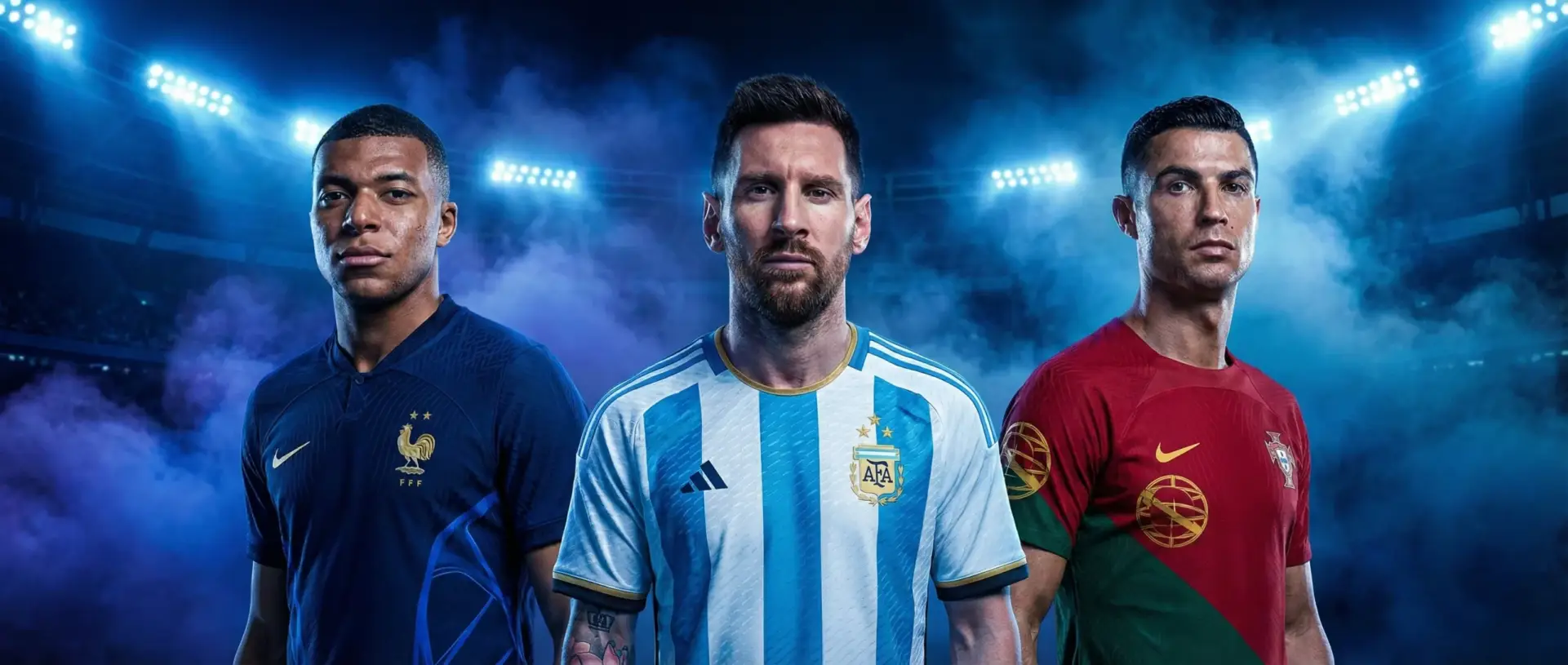 2026 World Cup: The Legends Collection Lionel Messi, Kylian Mbappé, and Cristiano Ronaldo wearing conceptual 2026 World Cup national team kits. Wide hero banner for wholesale football jersey supplier with dramatic stadium background.