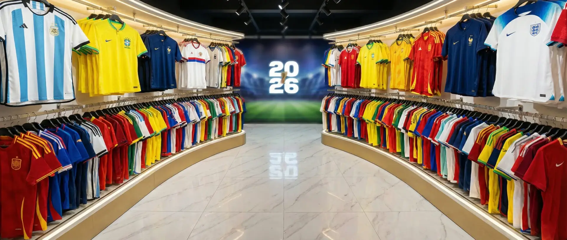 2026 World Cup & Club Kits Collections Wide view of a premium wholesale showroom displaying huge collections of 2026 World Cup national team soccer jerseys ready for bulk orders.