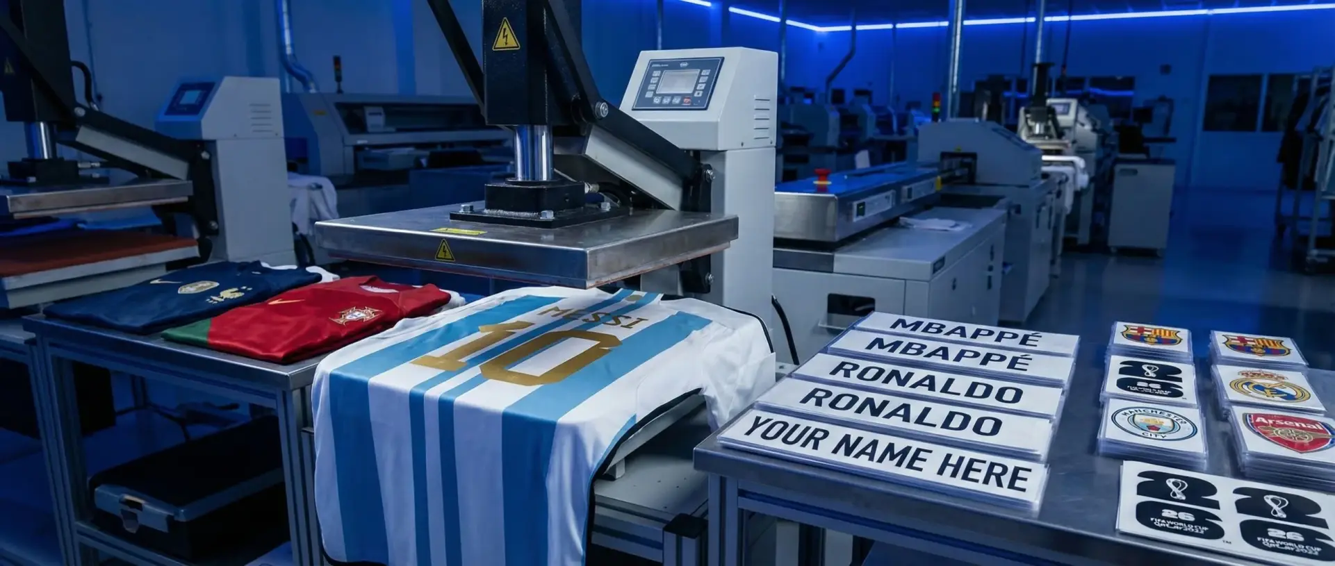 Professional Customization Services Industrial heat press machine applying custom name and number on 2026 World Cup jersey in a professional workshop.