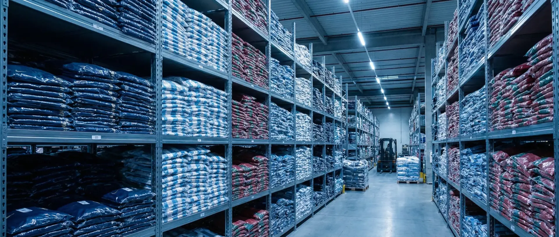 Massive Inventory: Ready to Ship Large scale wholesale warehouse interior packed with bulk inventory of 2026 World Cup football kits, including France, Argentina, and Portugal national jerseys ready for shipment.