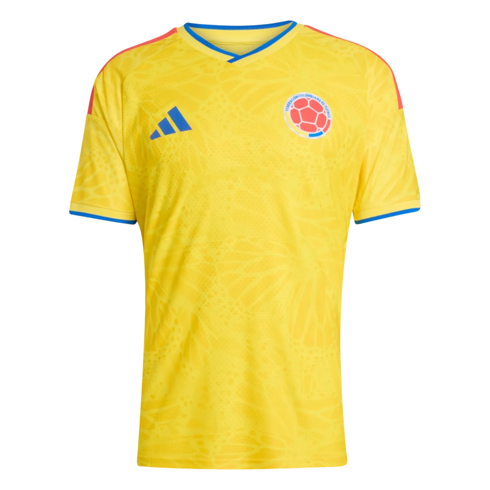 Front view of authentic Colombia 2026 World Cup home soccer jersey player version with slim fit design.