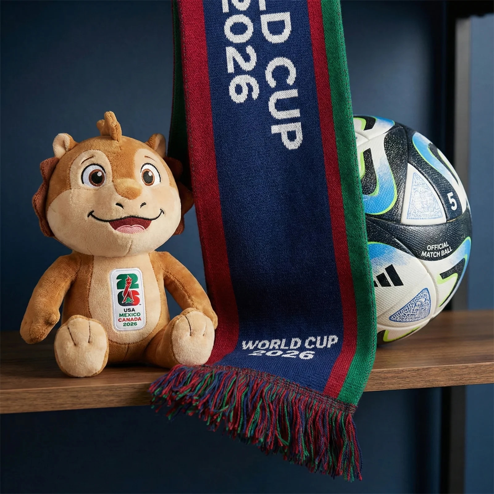 Wholesale football fan accessories including mascot plush toys, scarves, and soccer balls.