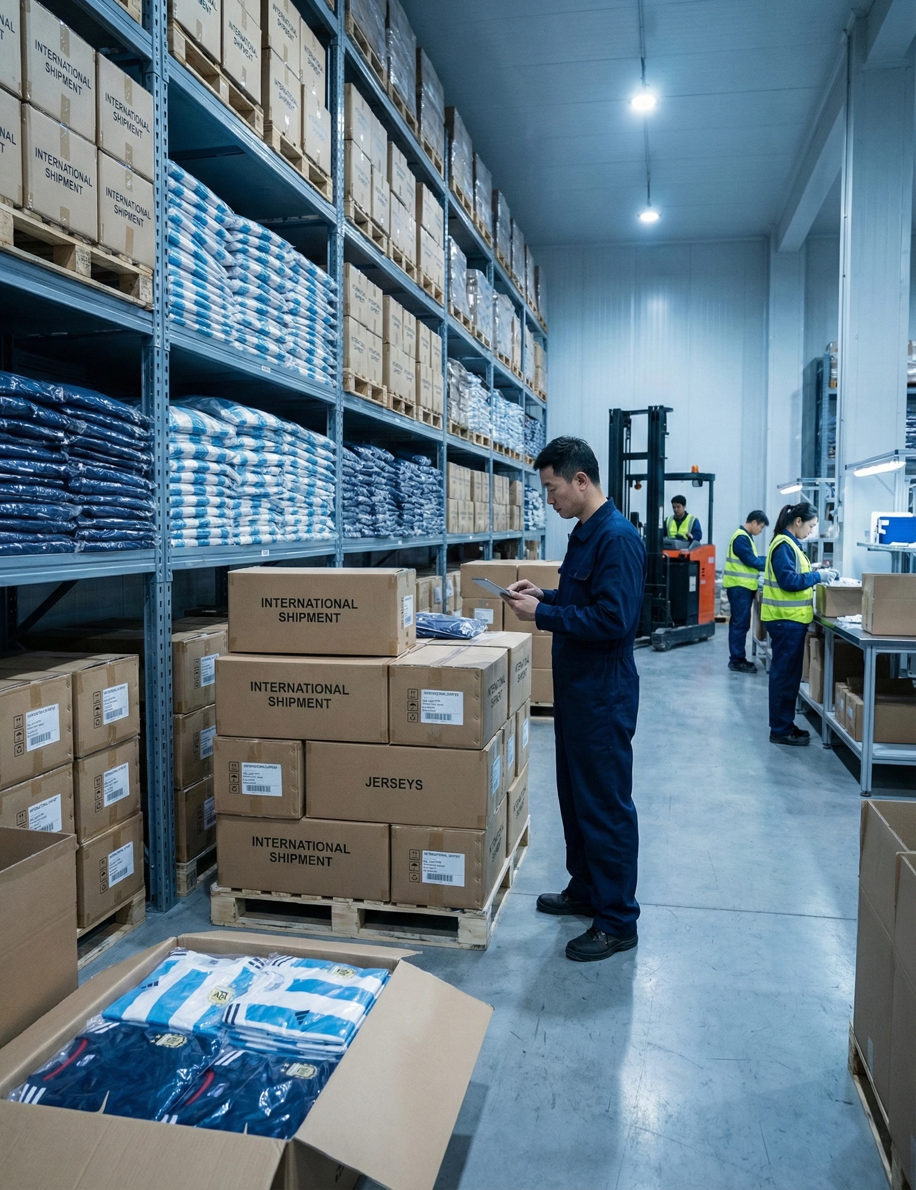 Warehouse logistics manager inspecting bulk shipment of wholesale football jerseys before global shipping in a professional distribution center.