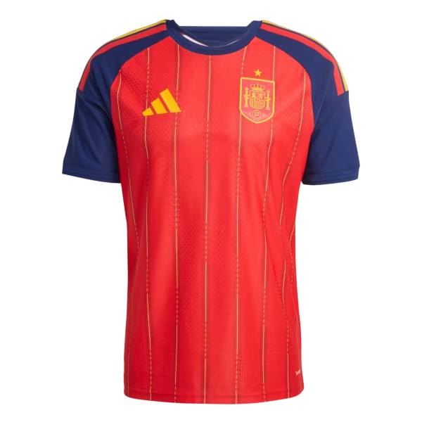 Front view of authentic Spain 2026 World Cup home soccer jersey player version with slim fit design.