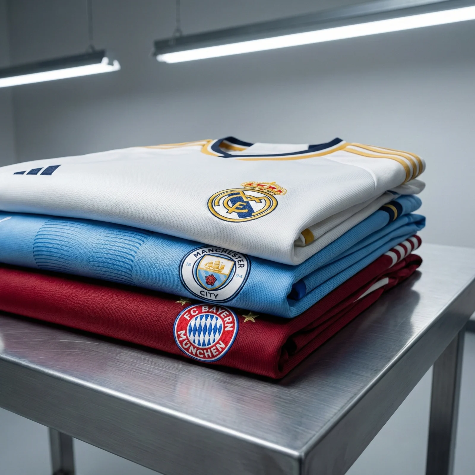 Bulk wholesale 2026 season club football jerseys stacked in warehouse.