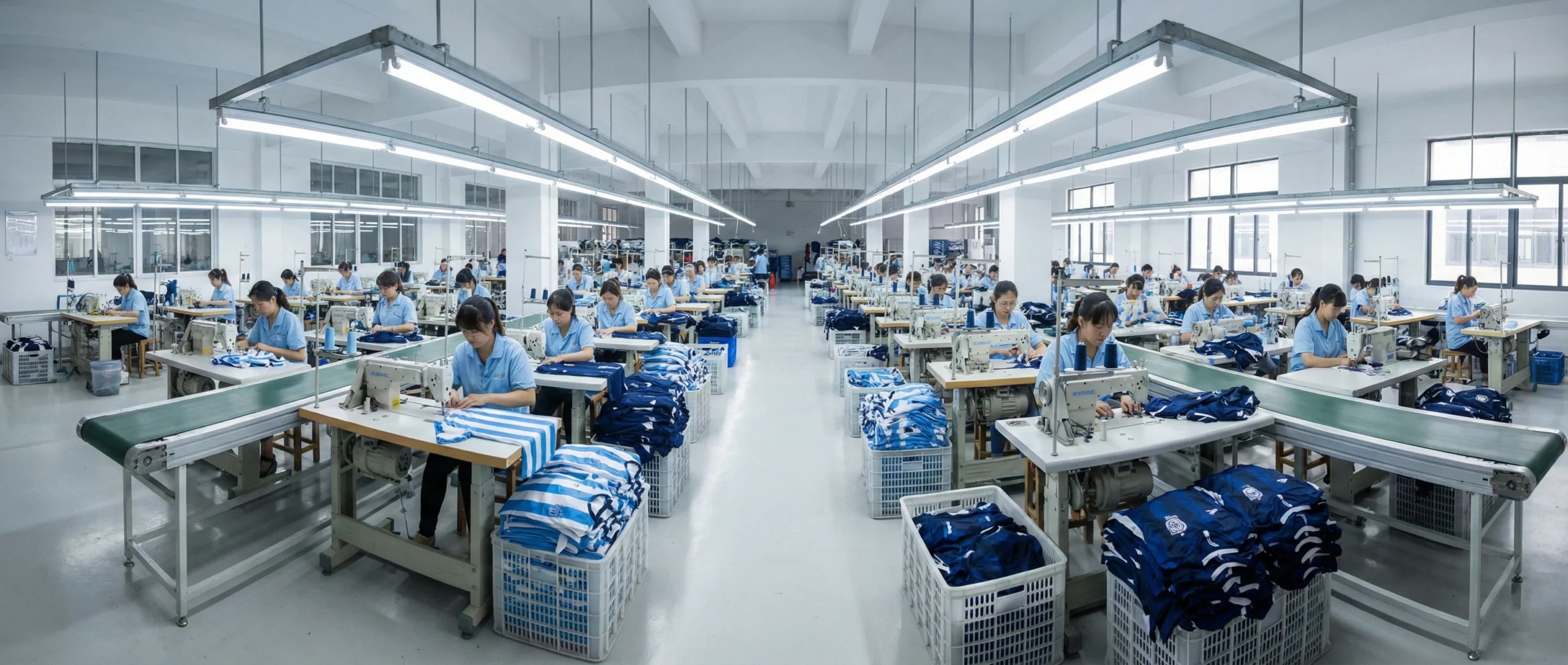 Large-scale modern football kit manufacturing facility in China with workers on production lines assembling 2026 World Cup jerseys.