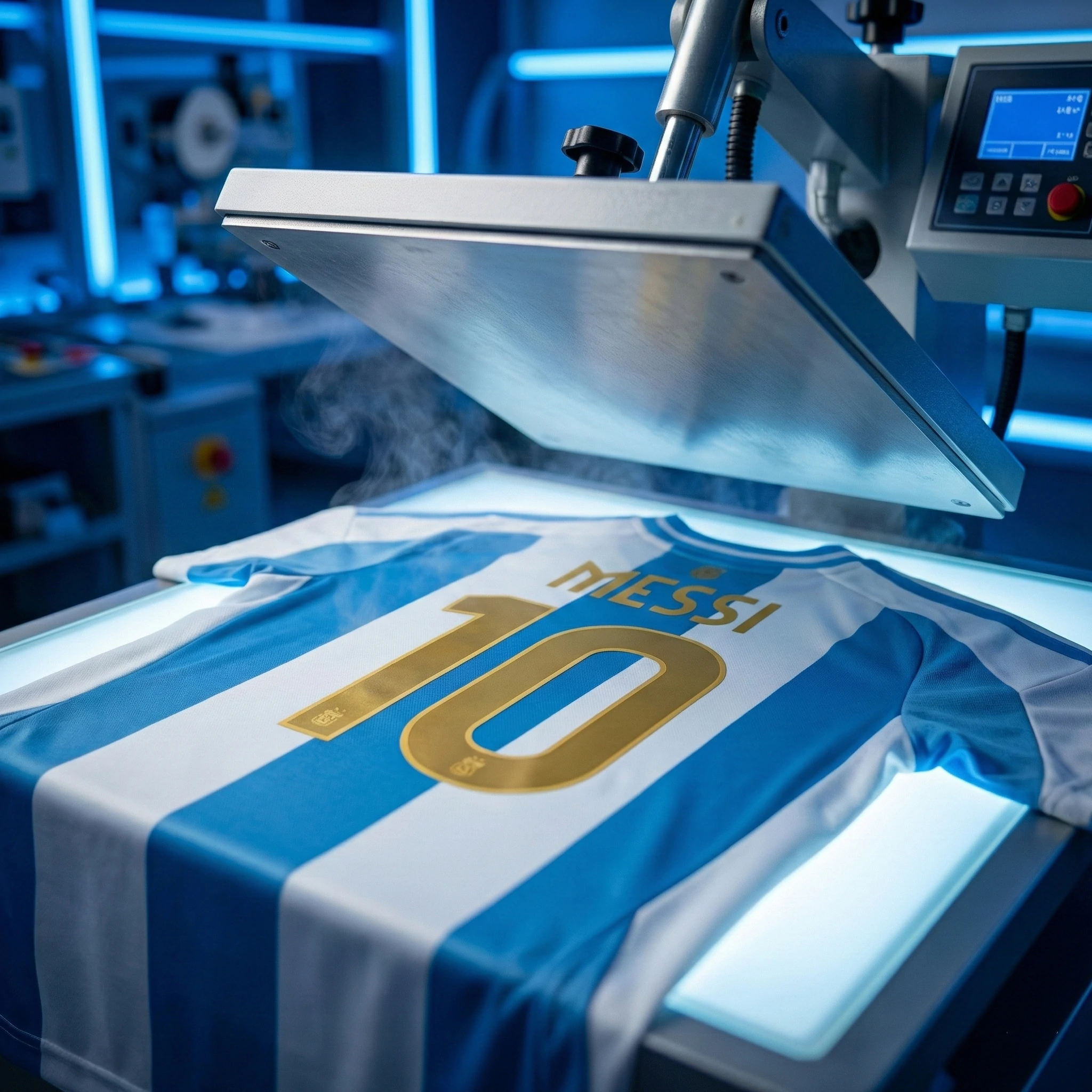 Close-up of professional industrial heat press applying official font name and number onto a customized wholesale football jersey.
