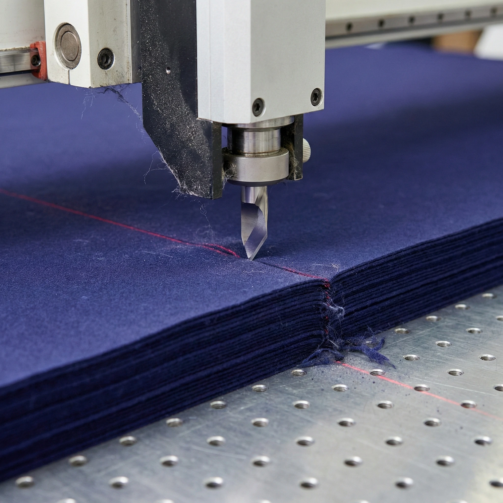 High-precision automated fabric cutting machine processing polyester textile for bulk sportswear production.