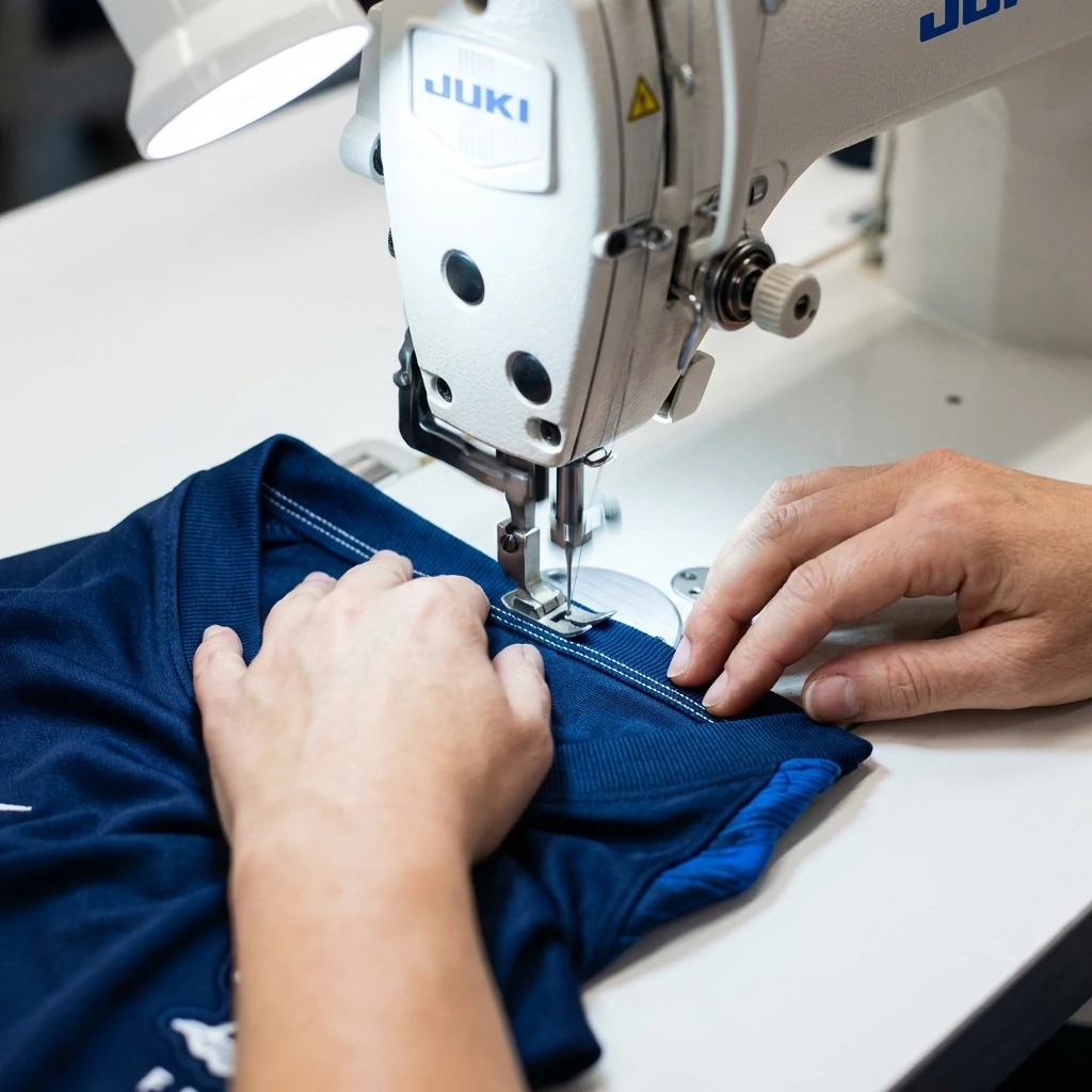 Skilled technician using advanced industrial sewing machinery to create durable, reinforced stitching on high-performance sports jerseys.