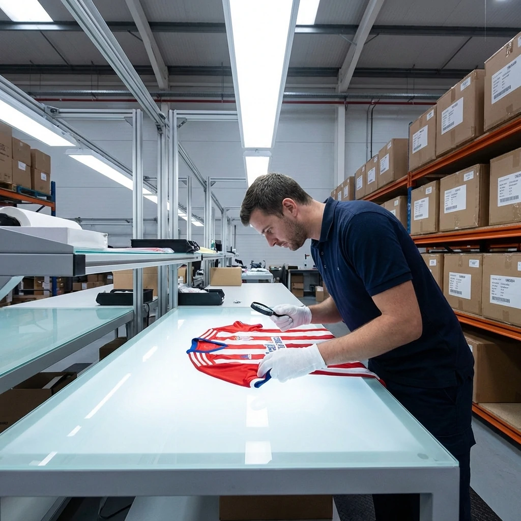 Final quality assurance (QA) inspection of finished football jerseys based on strict AQL 2.5 standards before global shipment.