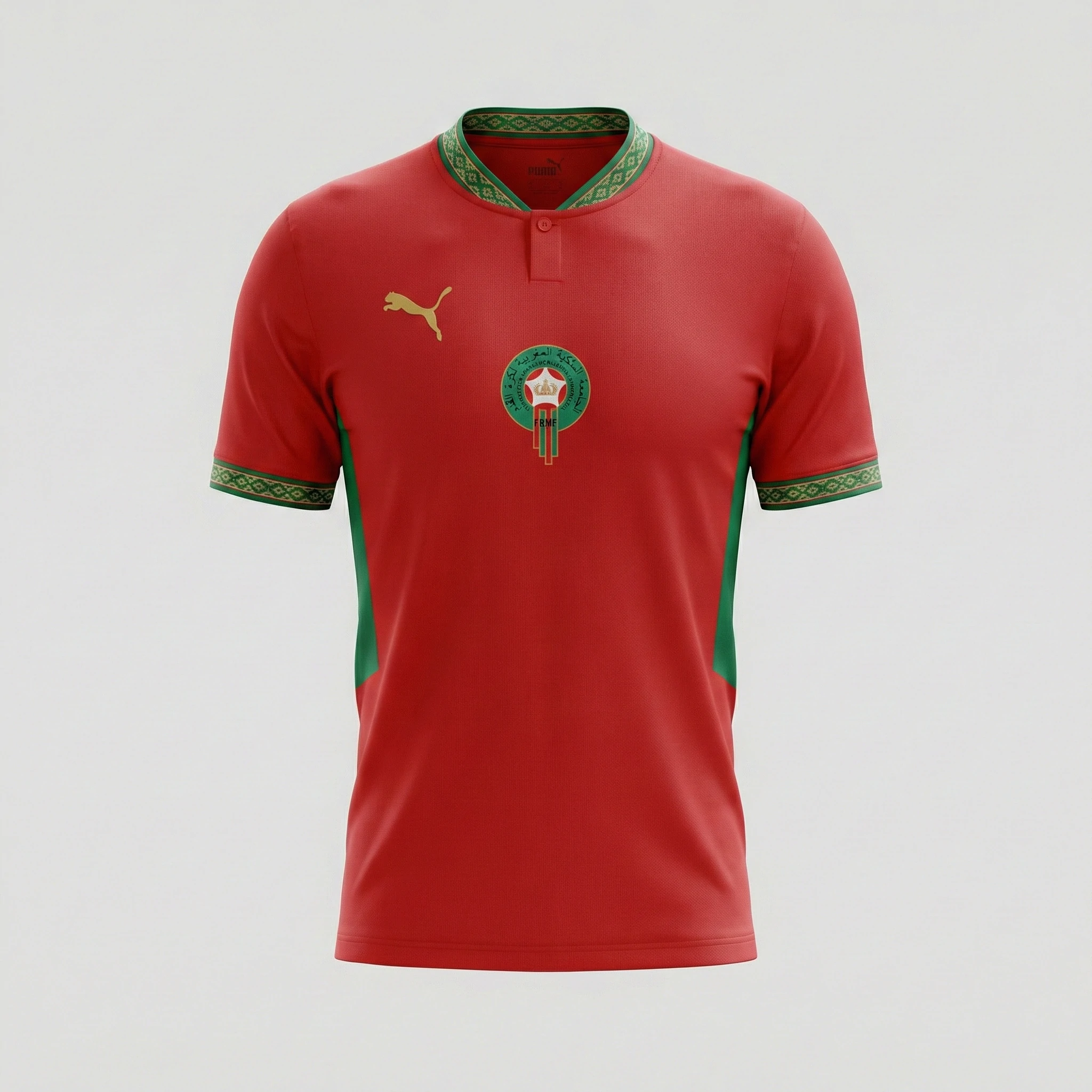 Front view of authentic Morocco 2026 World Cup home soccer jersey player version with slim fit design.
