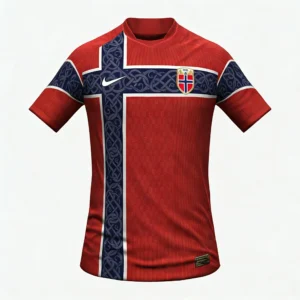 Front view of authentic Norway 2026 World Cup home soccer jersey player version with slim fit design.