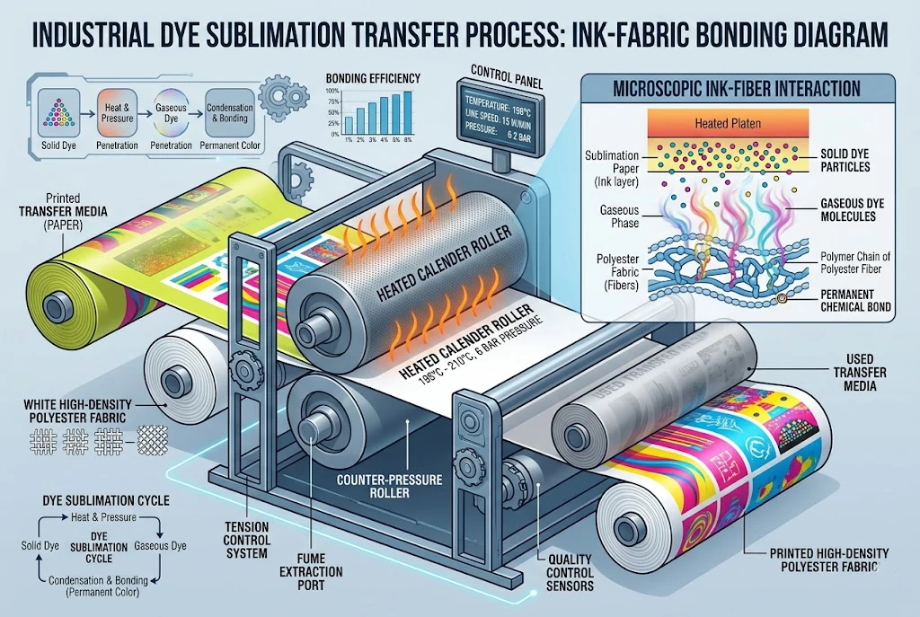 Close-up detail of industrial dye sublimation equipment applying vibrant ink to high-density polyester fabric for sportswear.