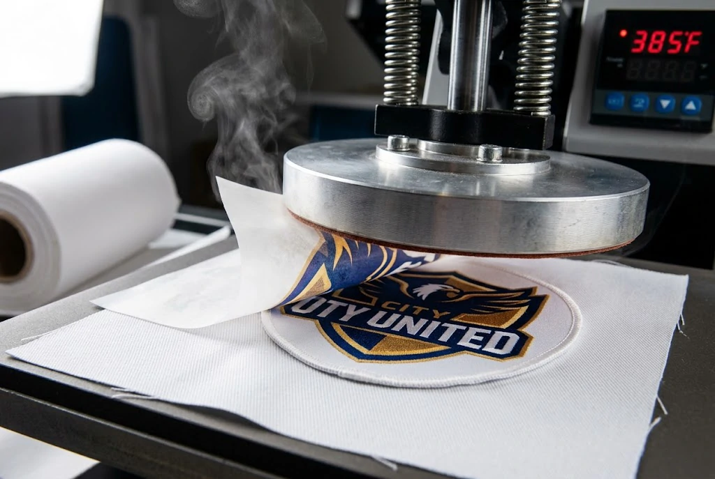 close-up of advanced heat sublimation equipment applying permanent custom designs to sports apparel.