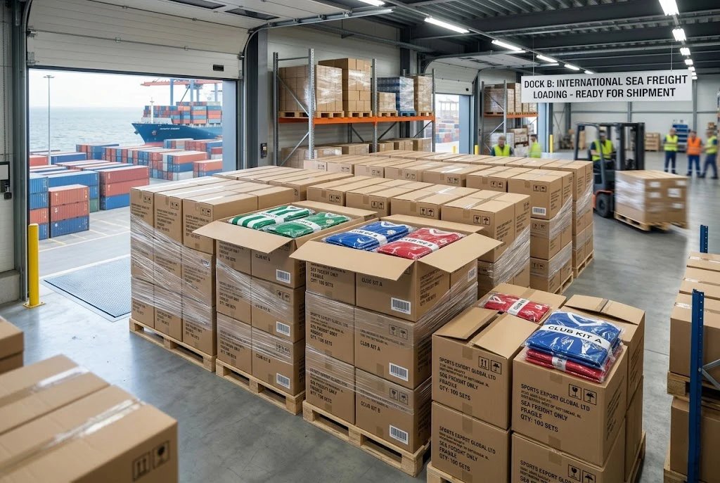 neatly stacked export cartons containing soccer jerseys ready for international transit to B2B retailers.