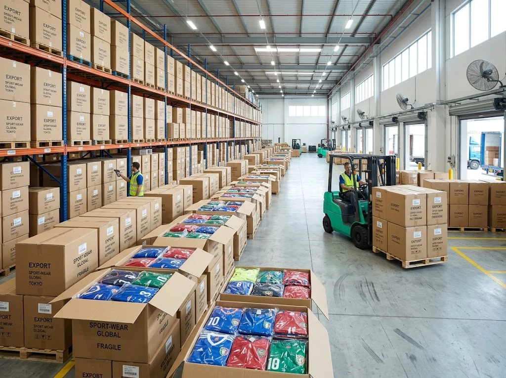 stacked export cartons containing wholesale soccer uniforms in a bright B2B fulfillment warehouse.