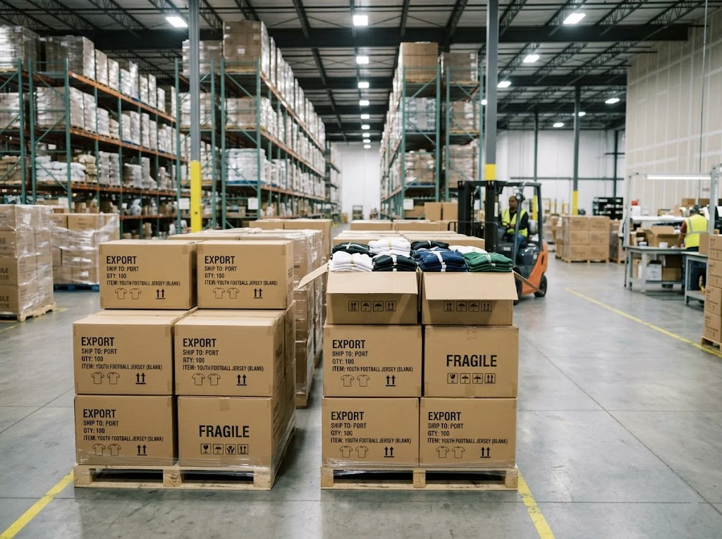 neatly stacked export cartons of youth football practice jerseys bulk in a modern fulfillment warehouse.