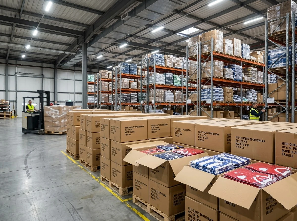 stacked export cartons containing replica football jerseys wholesale in a bright warehouse space.