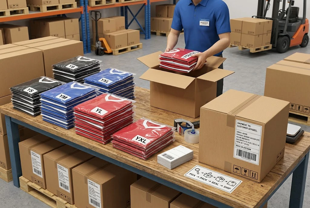 Folded soccer kits sorted by size ratio in export cartons for efficient bulk shipment