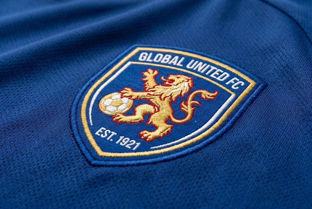 A close-up detail image of a football jersey chest area showing an embroidered crest on lightweight polyester fabric, visible stitch density, thread texture, and edge definition, angled macro view, neutral studio lighting, realistic product detail, visual reference for buyer evaluation.