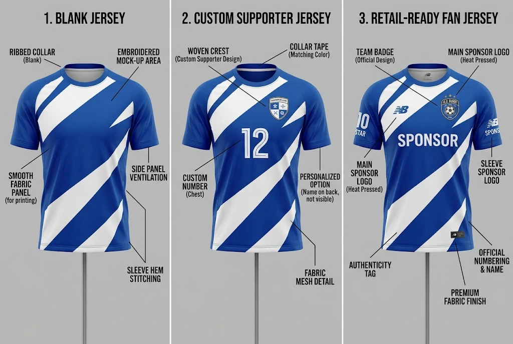 Three football jersey formats shown side by side for product structure comparison