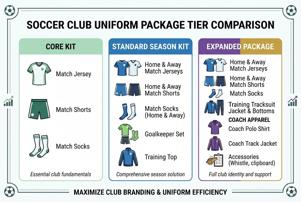 comparison chart of core standard and expanded soccer kit packages for club purchasing decisions