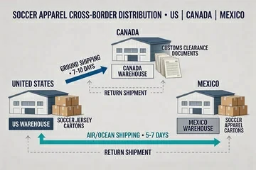 cross-border apparel shipping diagram with cartons, customs paperwork, and distribution routes across USA Canada Mexico