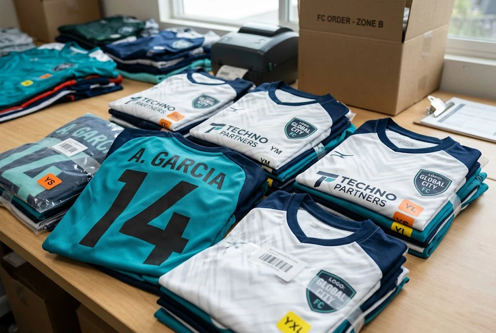 close view of soccer jersey names numbers sponsor marks and size sorting for repeat orders