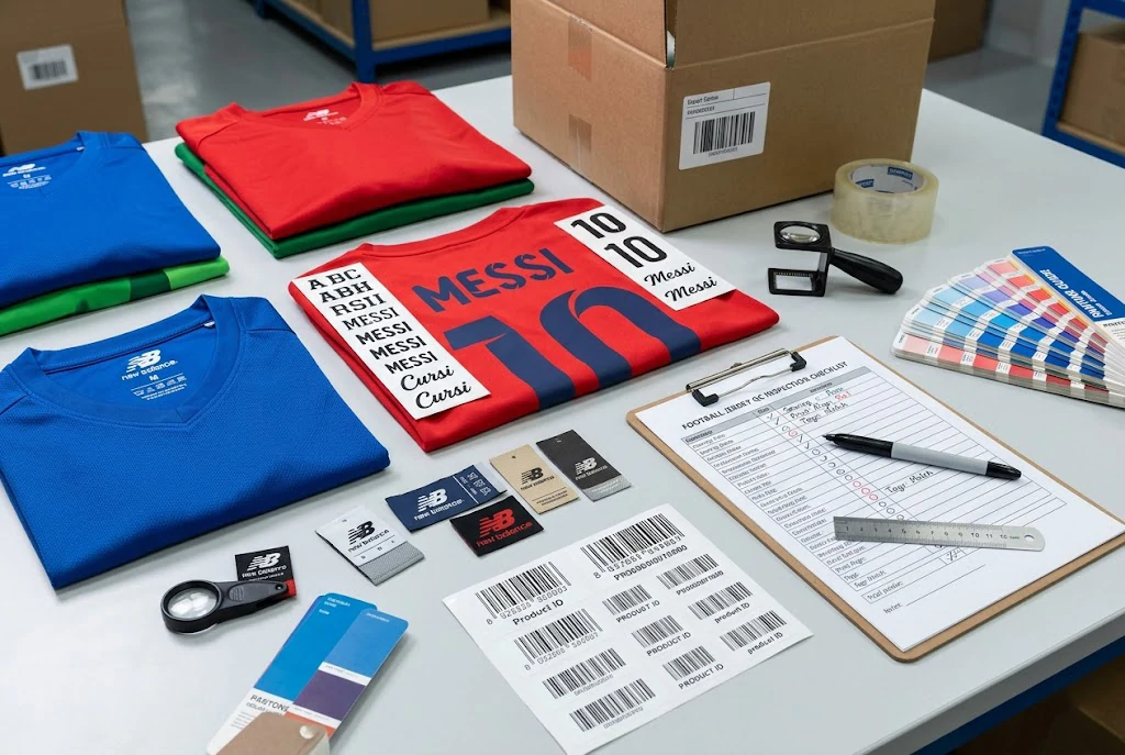 jersey numbers, neck labels, barcode stickers and packing checklist for custom football apparel control