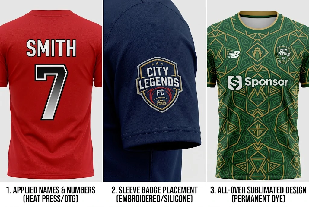 Names, numbers, badge placement, and print finish samples for soccer teamwear customization