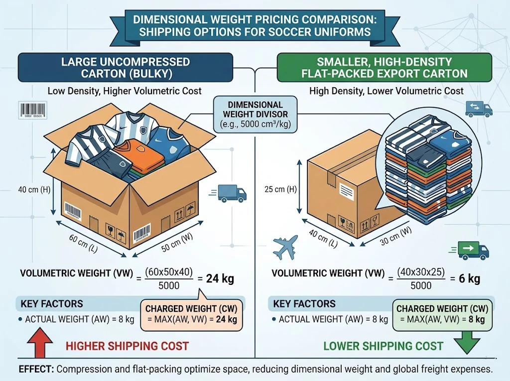 visual reference diagram explaining dimensional weight pricing and flat-pack optimization for shipping wholesale soccer uniforms.