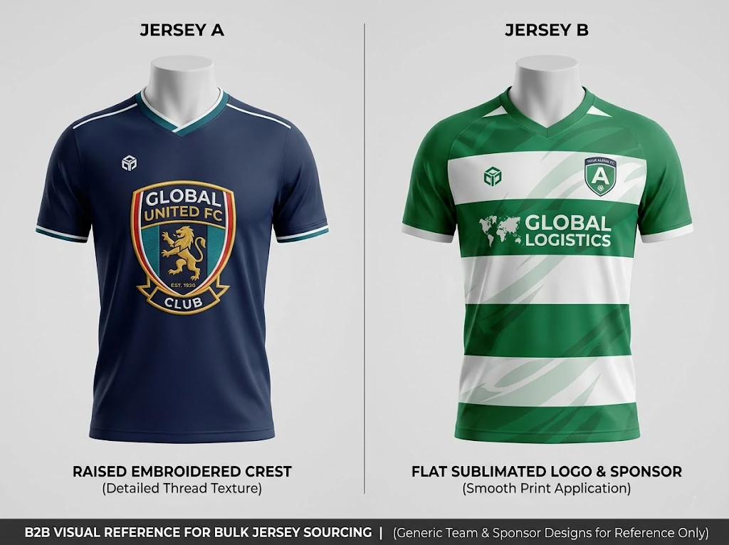 Side-by-side football jerseys with embroidered crest and sublimated logo layout for bulk teamwear comparison
