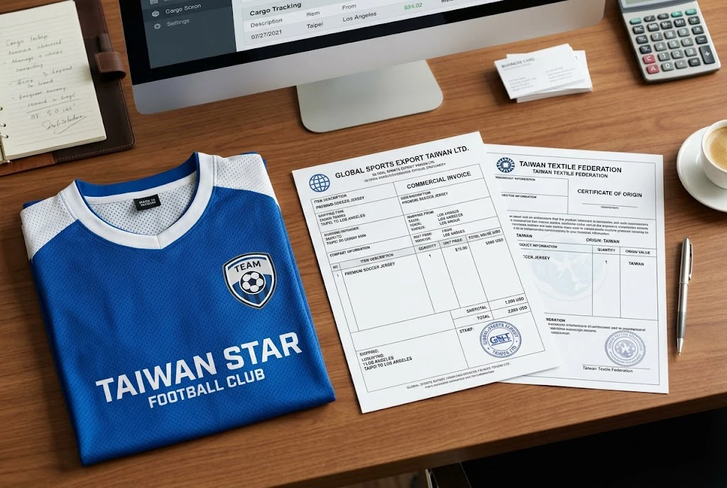 professional layout of export documentation including a commercial invoice and certificate of origin for sports apparel.