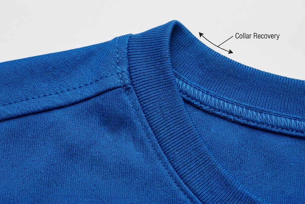 close-up of polyester knit, seam reinforcement, and collar structure for academy training jerseys