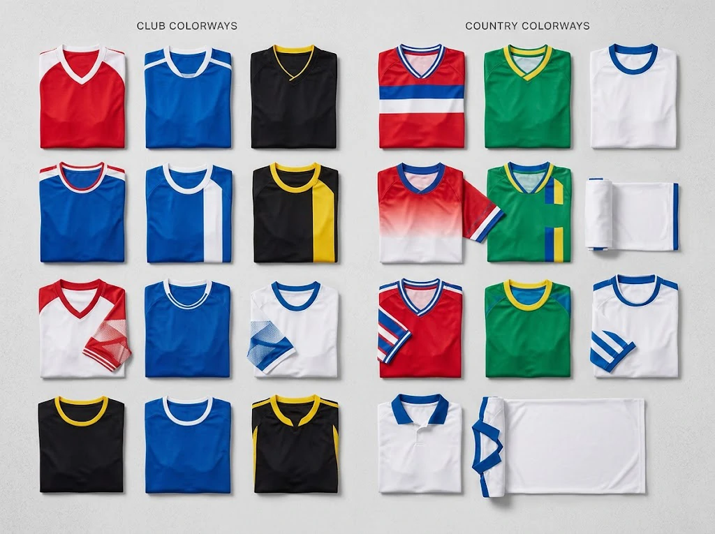 Assorted football fan jerseys arranged by team colorways for bulk assortment review