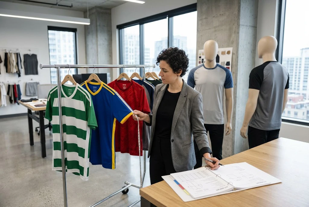 Soccer jersey fit sample review with spec sheet and size tags for pre-bulk approval