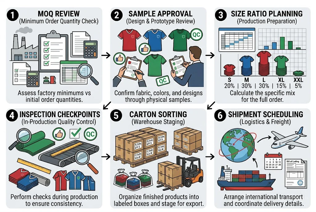 order planning diagram for football kit MOQ lead time inspection and restocking