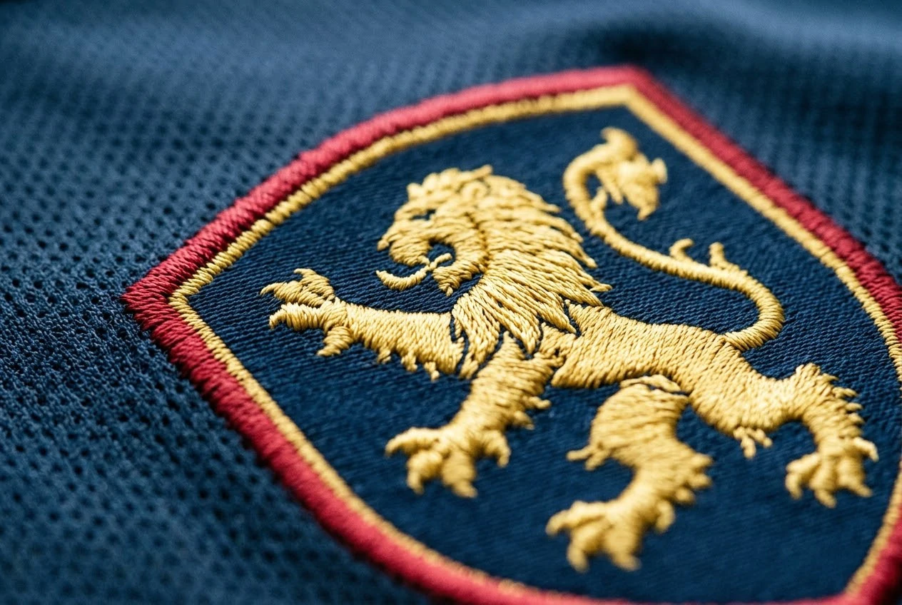 precise embroidery stitching and moisture-wicking fabric on a replica football jersey.