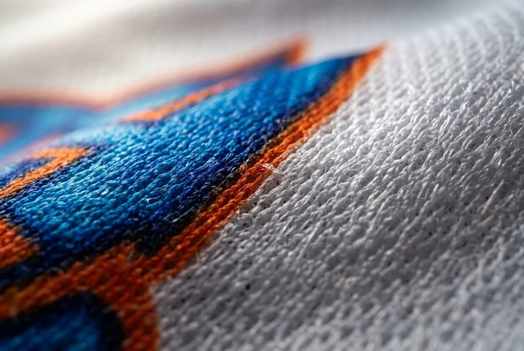 extreme close-up of vibrant dye-sublimation ink permanently bonded into breathable sports apparel fabric.