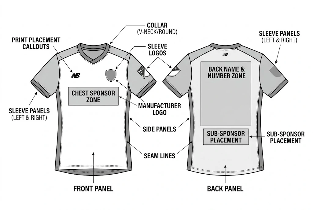 football jersey panel layout, seam lines and print placement guide for custom kit approval