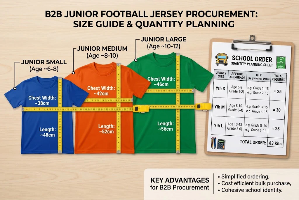 youth jersey size layout and measurement reference for school team ordering