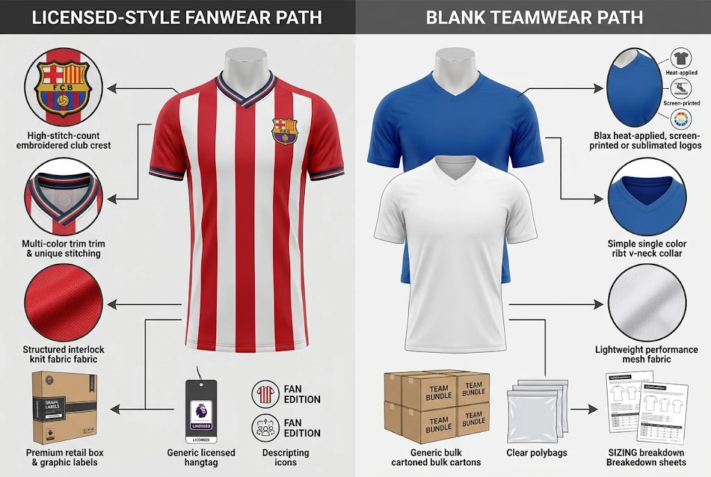 comparison of football kit details for licensed merchandise and blank teamwear selection