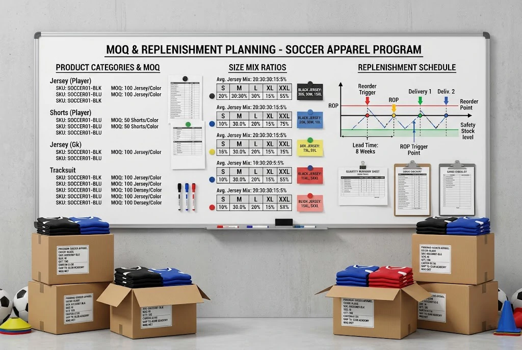 Size ratio chart, reorder timeline, and carton labels for soccer apparel planning