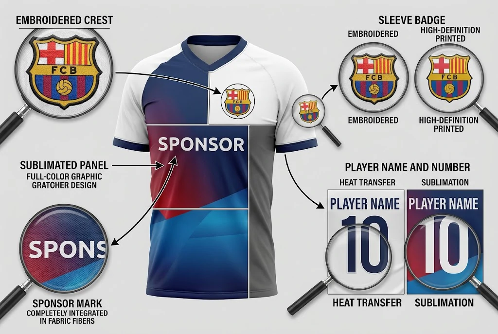 Close-up customization details on soccer jersey including crest numbering and sponsor mark for team package pricing
