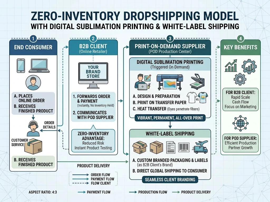 visual reference diagram explaining the on-demand printing and white-label dropshipping process for custom soccer jerseys.