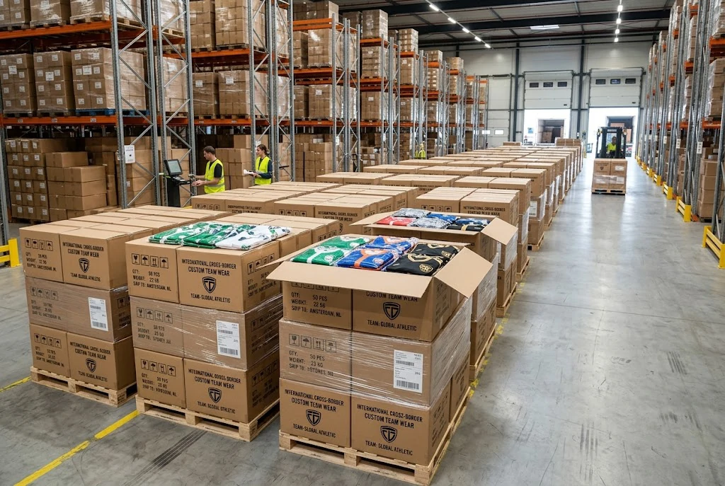 neatly stacked export cartons preparing for international white-label dropshipping in a modern fulfillment center.