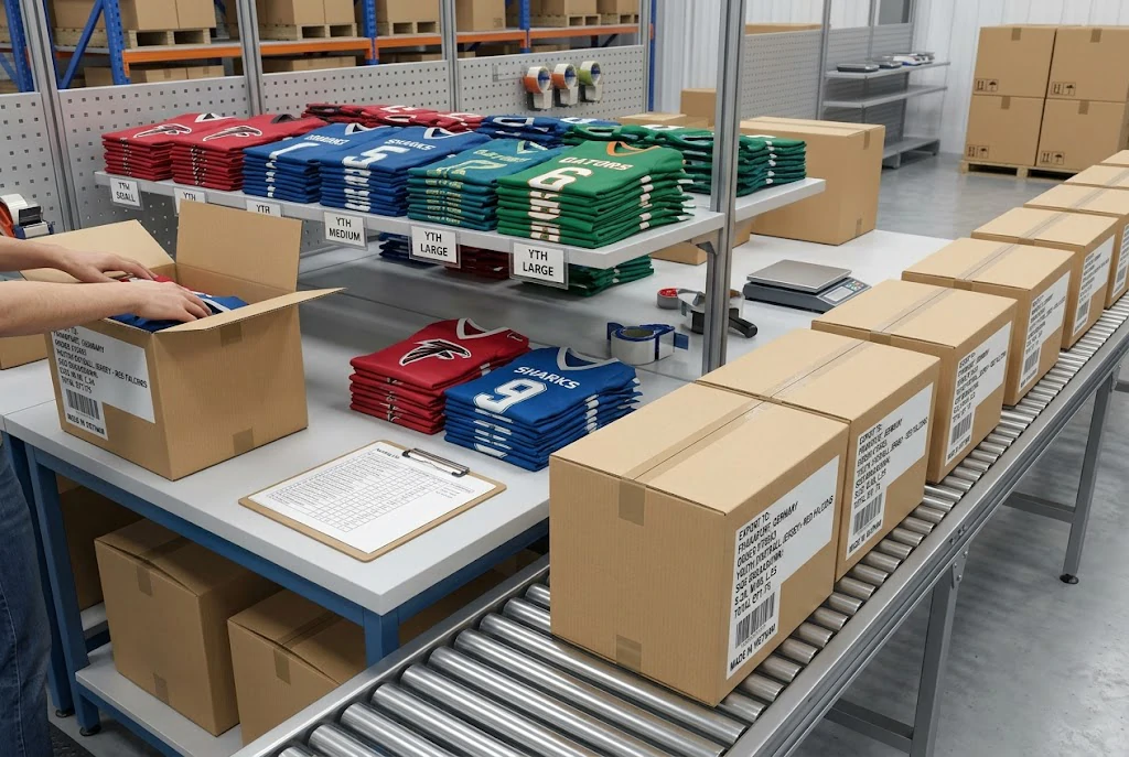 sorted youth football kits with size labels and packing list for school distribution