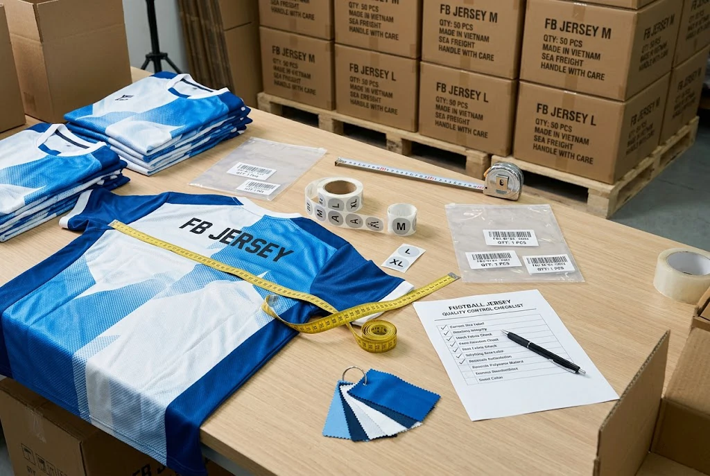 Folded football jerseys with labels, checklist, and export cartons for packing accuracy
