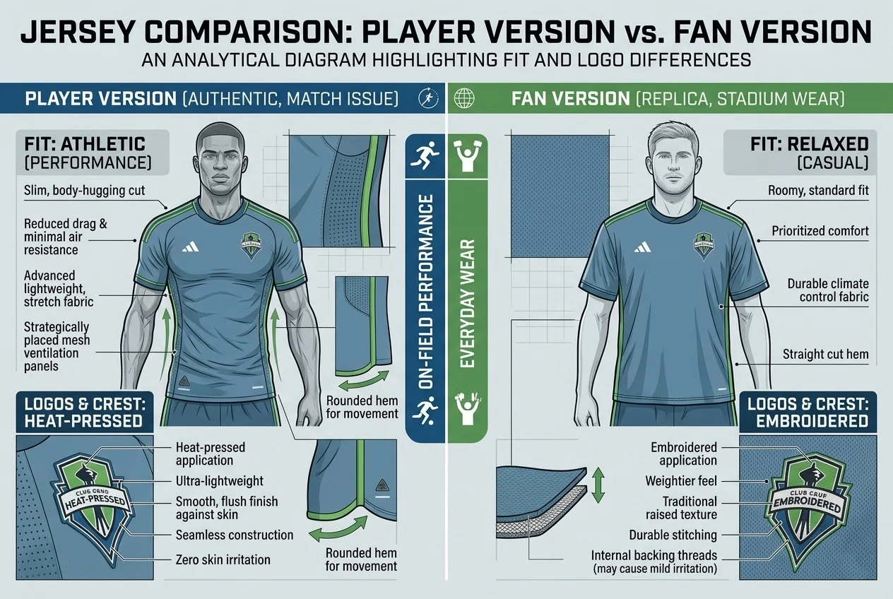 visual reference diagram comparing player version and fan version replica football jerseys.