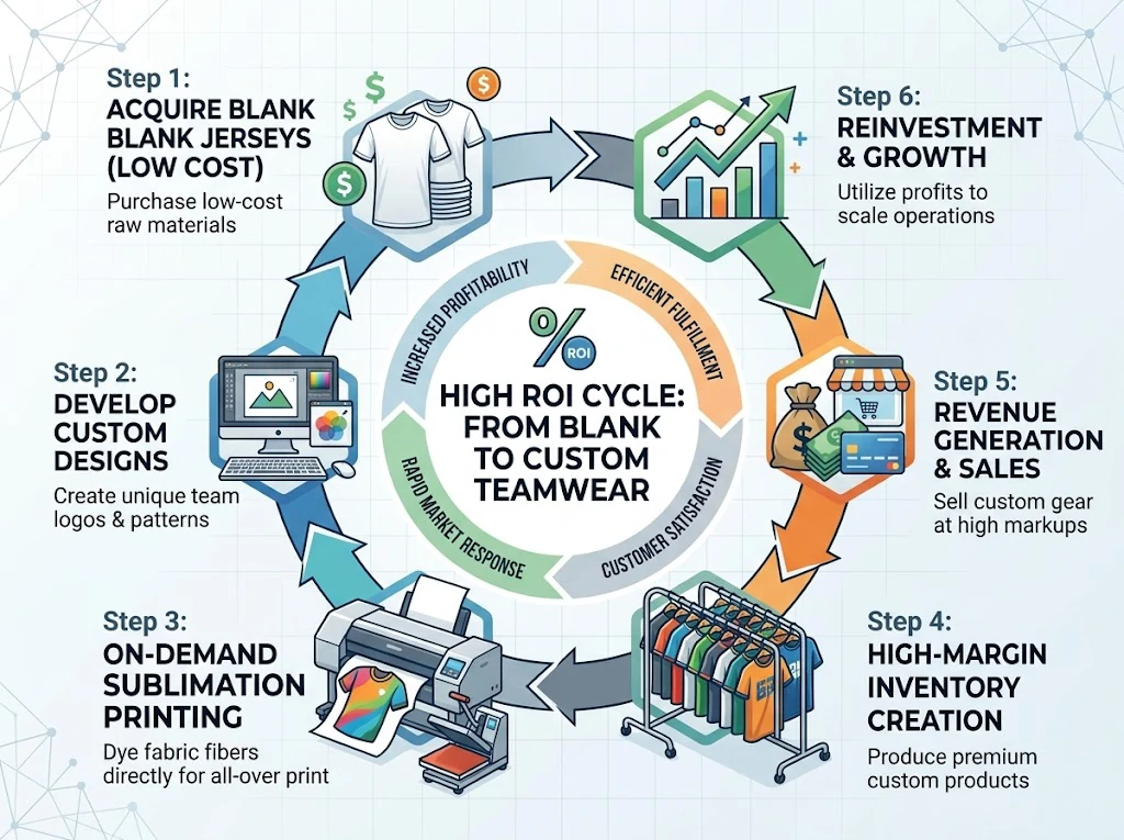 visual reference diagram explaining the high ROI and lean inventory cycle for fully customizable soccer jerseys.
